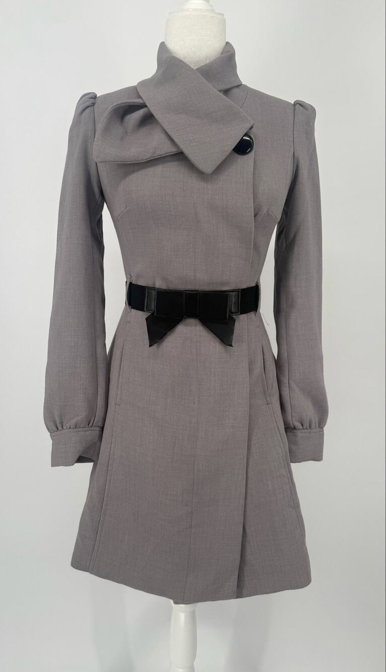 H&M Gray Bow Belt Princess Coat High Collar Puff Sleeve US 2